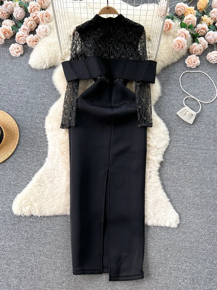 XFPV Female Stand Neck Long Sleeve Dress Lace Patchwork High Waist Hollow Out Elegant Vestidos Fashion Spring Autumn SM9558 240819