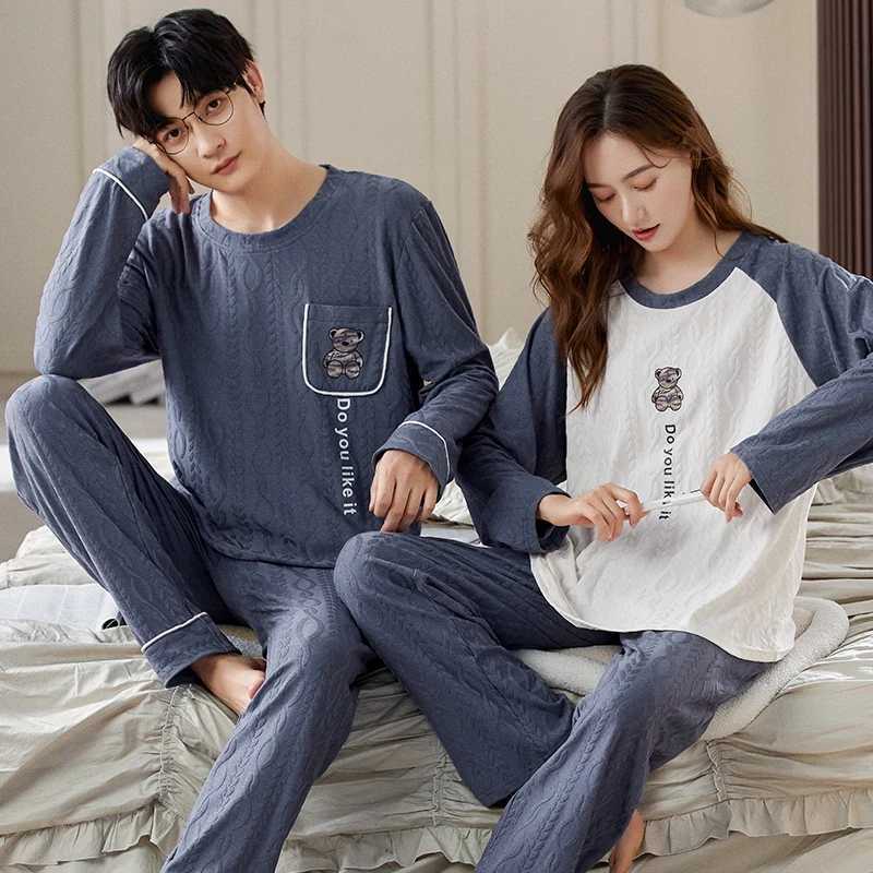 Autumn couple pajamas set cartoon mens pajamas casual cotton plus size long sleeved womens pajamas unprinted good quality slippers W241221
