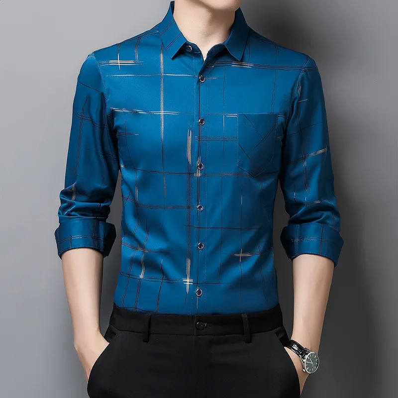 Argyle Mens Dress Shirts MaleHigh Quality Long Sleeve Slim BusinessCasual Shirt Turn Down Collar Stripes Single-preasted 240820