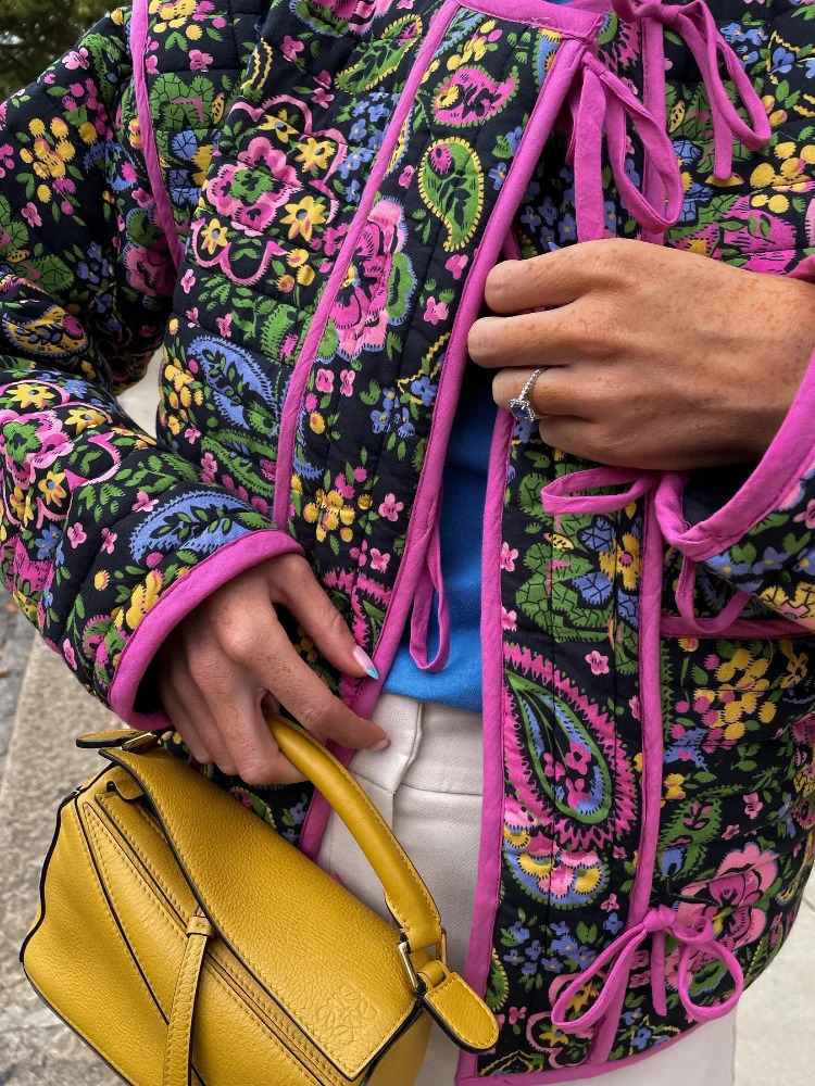 Fashion Women Floral Print Lace Up Cotton Coat Lady Chic Long Sleeved O-neck Pockets Quilted Jacket Autumn Female Warm Outerwear 240819