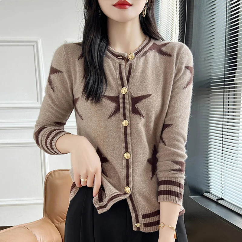 Autumn and Winter 100% Wool Womens Clothing Fashion Round Neck Knitted Open Collar Casual Loose Embroidered Top Long Sleeve Sweater 240819