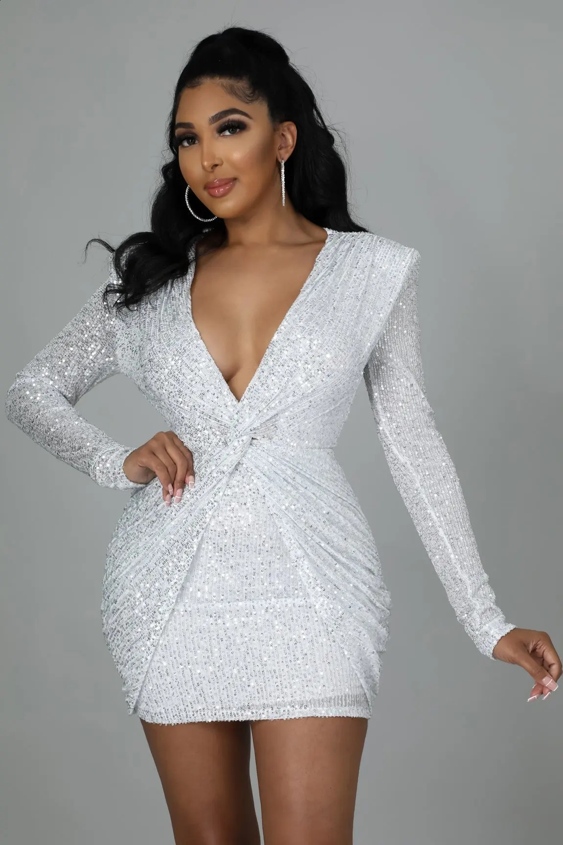 Elegant Party Dresses for Women Sequin V-neck Pleated Slim Sexy Dress 240819