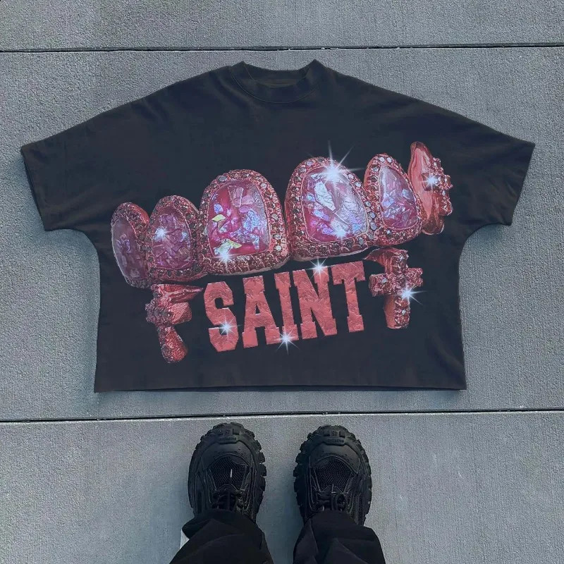 Y2k Top Gothic Trendy Big Mouth Pattern Printed Oversized Tshirt for Mens Summer Loose Harajuku Round Neck Versatile 240819