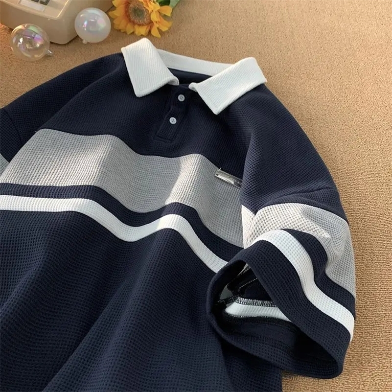 Trendy retro waffle polo shirt short sleeved t-shirts men and women summer loose American lovers casual personality top harajuku i240819