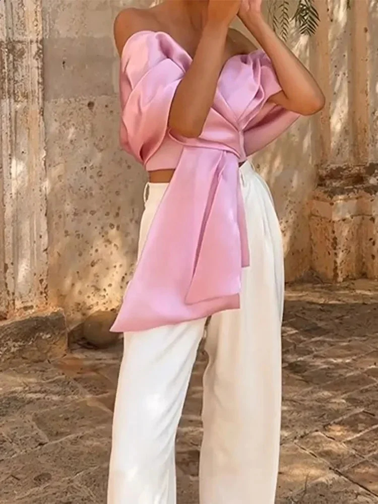 Elegant satin womens top sexy backless pleated bow lace streetwear womens shirt 2024 spring/summer party shoulder top 240820