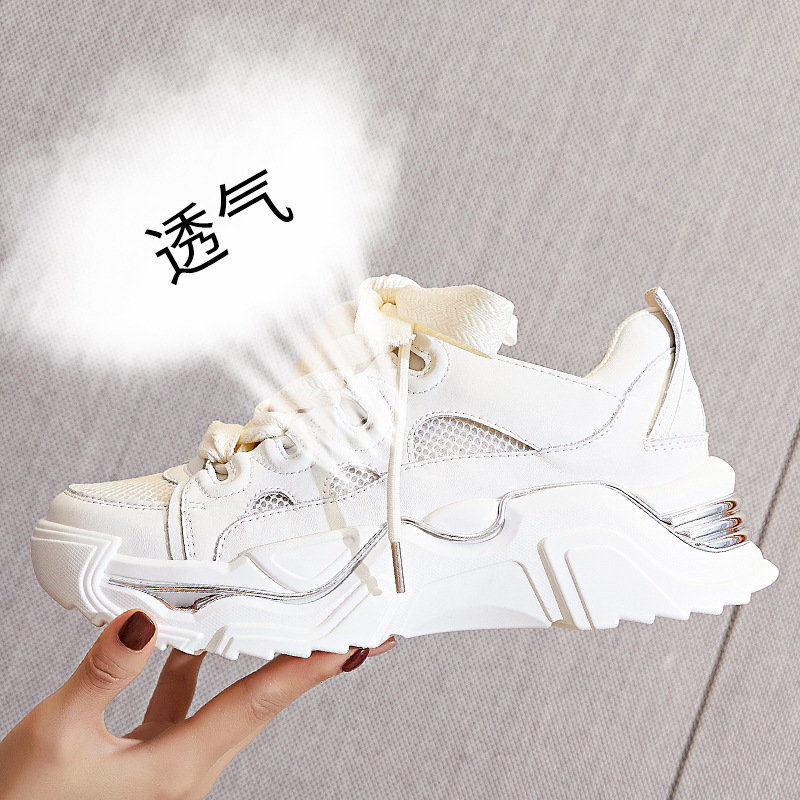 Ddmysports Absorbing Film Sole Genuine Leather Dad Shoes For Women In Spring New Thick Soled Running Black Sports S Trend OUTDOOR