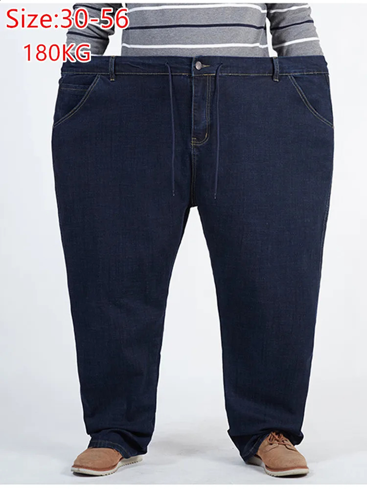 180KG Plus size mens jeans big 56 54 52 autumn thick straight waist dad elastic denim Trouser blue loose pants 240819