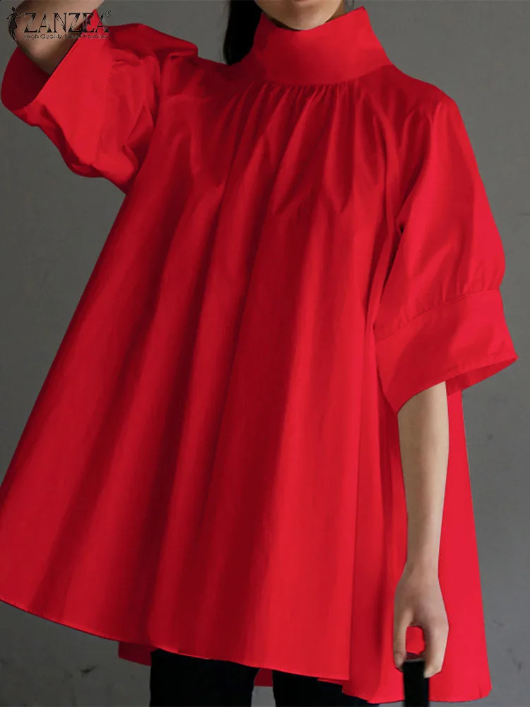 ZANZEA Elegant Womens High Neck Half Sleeve Shirt Summer Casual Loose Shirt Fashion Work OL Top Womens Party Blusas Chemise 240820
