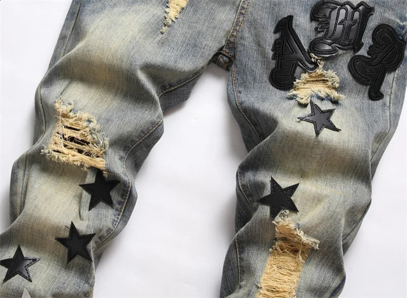 Mens lightweight y stretch blue jeans star embroidered ultrathin fit ripped casual a musthave for youthful sexiness and coolness; 240819