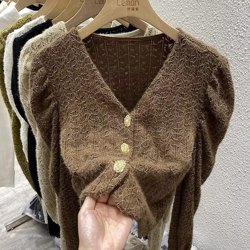 Womens Lace Knitted Autumn Winter Solid Color V-Neck Jacquard Weave Button Fashion Loose Long Sleeve Tops 240819