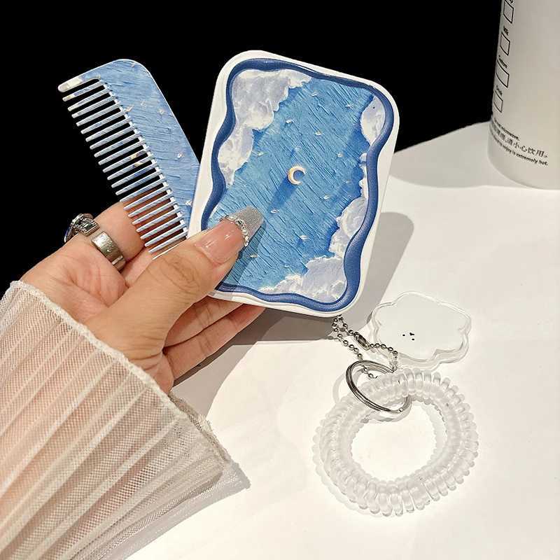 New Starry Sky Portable Folding Small Mirror Set Cosmetic Mirror For Class Pocket Mirror And Comb All-In-One Girls Gift Y240819