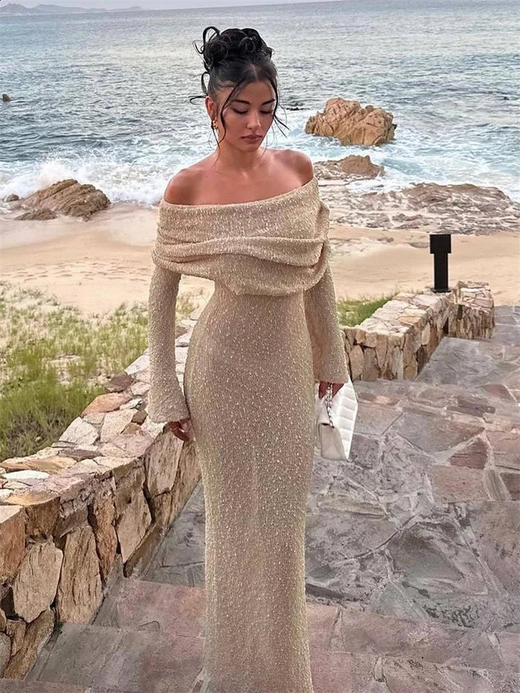 Knit Hollow Out Off-shoulder Maxi Dress Female Cover Up See-through Sleeve Holiday Beach Party Dress Women Knitwear Dress