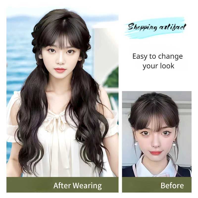 Synthetic fluffy long curly ponytail high elasticity wig with natural woven integrated side for household use womens daily hair W240817