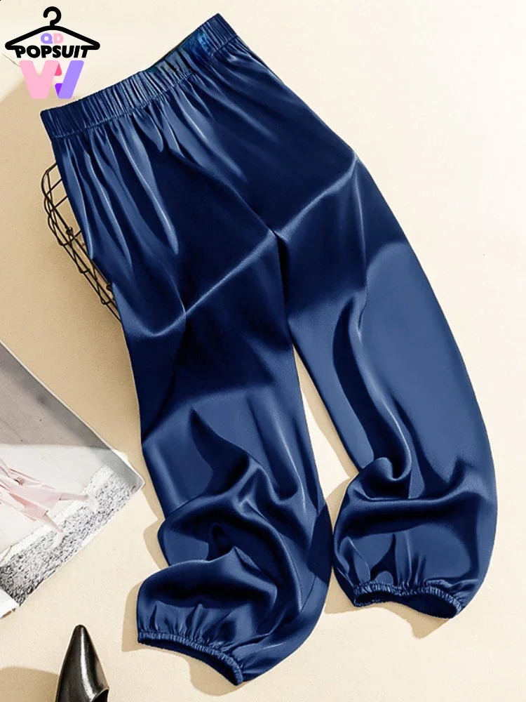 in High Waist Ice Acetate Wide Leg for Women Summer Loose Silk Satin Knickerbockers Pants Ankle Length Trousers 240820