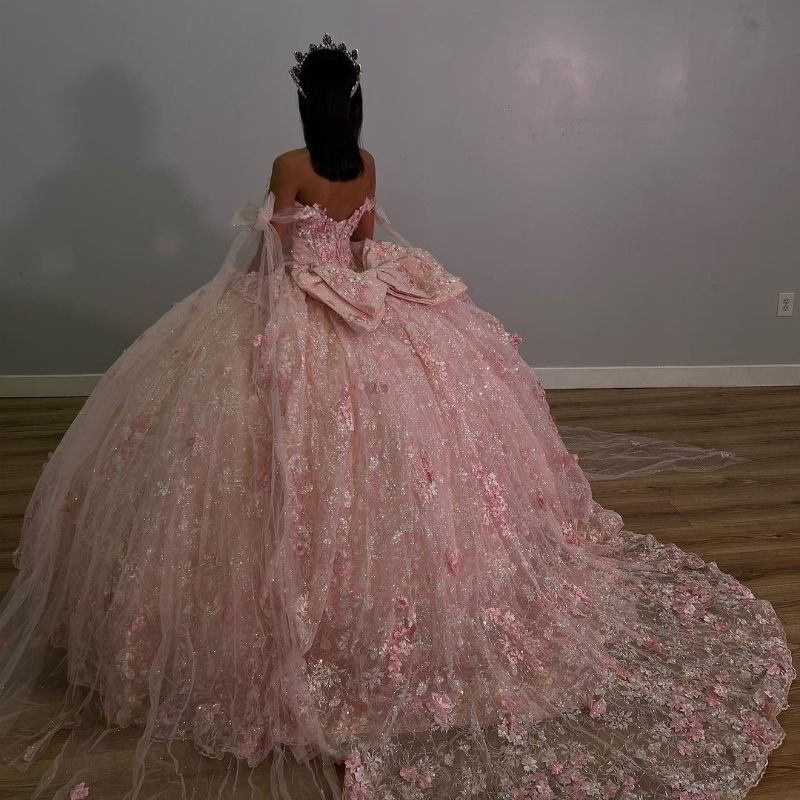 Pink Princess Sweetheart Quinceanera Dress Ball Gown Off the Shoulder Beads Appliques wer Tull Party Birthday Vestidos De 15 Anos
