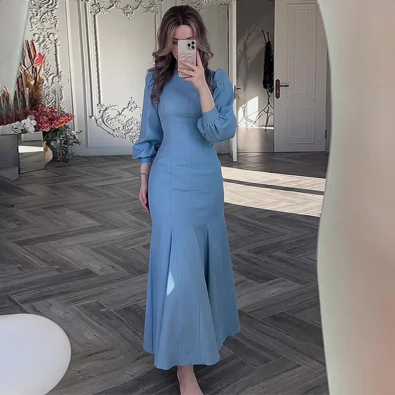 Autumn Elegant Solid Midi Dress Women Long Sleeve Slim Mermaid Spring French Vintage Wedding Party Vestidos Robe Mujers 240819