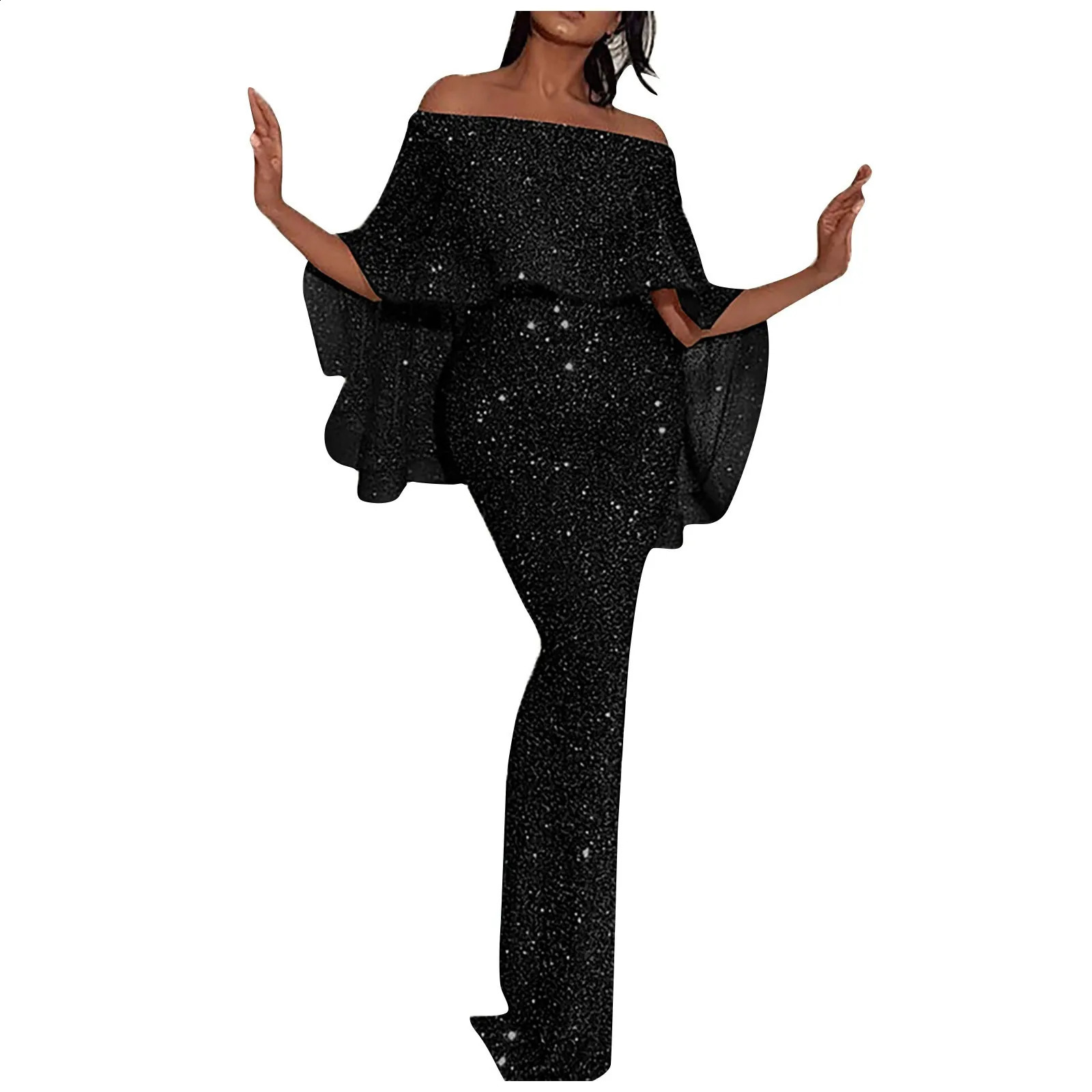 Womens Fashion Sexy Solid Color Off Shoulder Slim Fit Sequin Wrap Hip Split Party Dress 240819