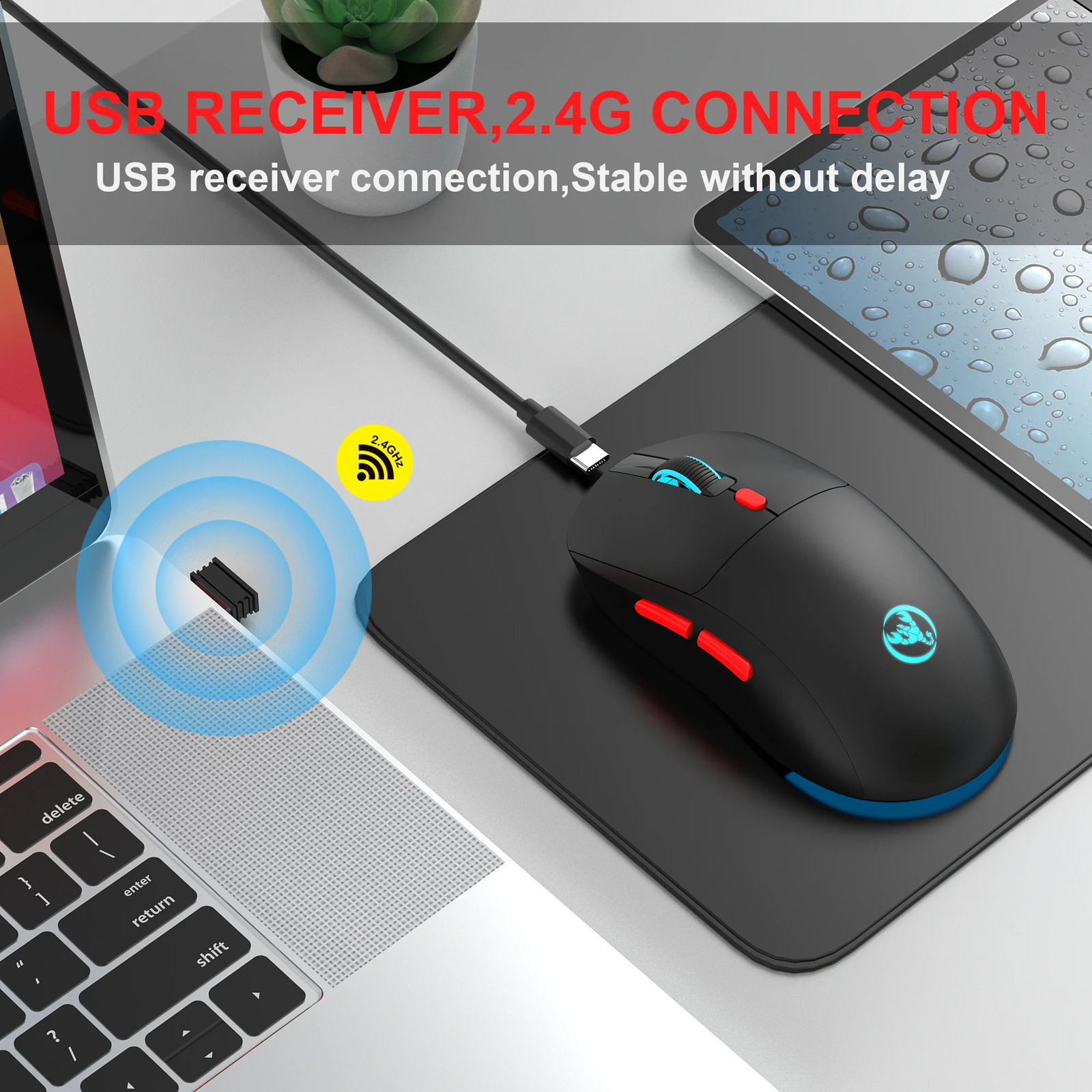 Rechargeable 2.4G USB wireless mouse with adjustable 3600dpi 7-color RGB comfortable mouse suitable for home office laptops and game consoles 240810