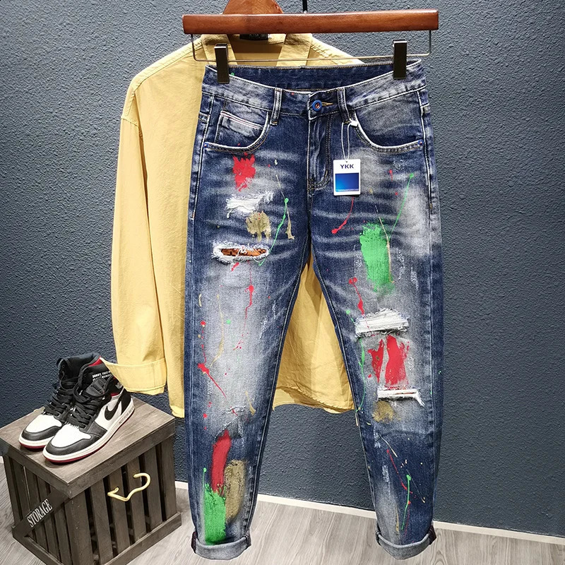 Mens Graffiti Jeans Fashion Spray Paint Ripped Hole Personality Hip-hop Streetwear Male Clothing Slim Youth Denim Trousers