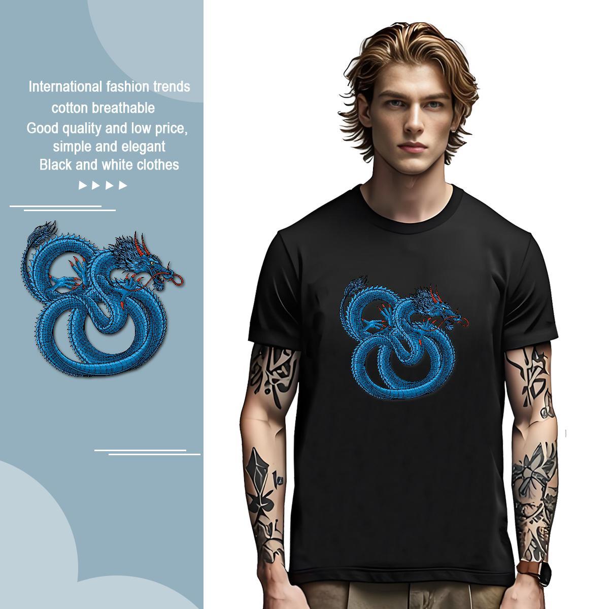 Loose dragon T Shirt For Man Casual Men Tshirts 100% Cotton 230g Fashion Casual Crew Neck Cartoon Print Clothes