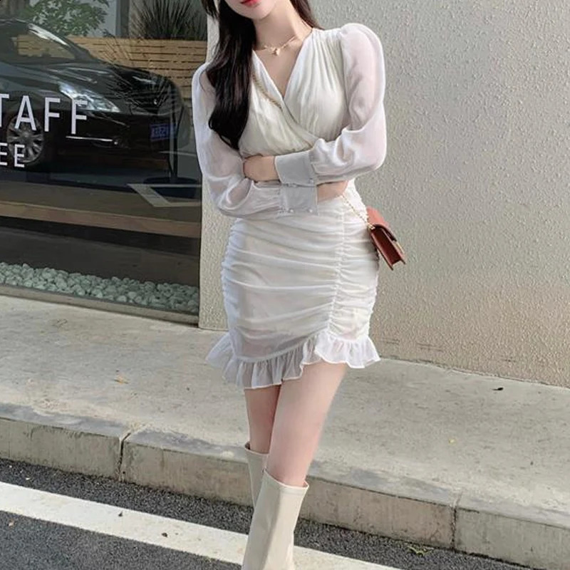 Spring Autumn Solid Color V-neck Long Sleeve Mini Dress Women Edible Tree Fungus Slim Sexy Dresses Elegant Slim Vestidos 240819