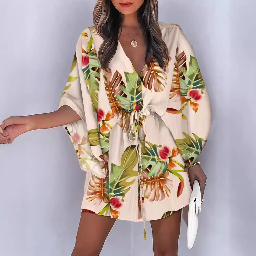 Summer Flying Sleeves A-line Skirt V-neck Strap Up Casual Vacation Jumpsuit Short Skirt