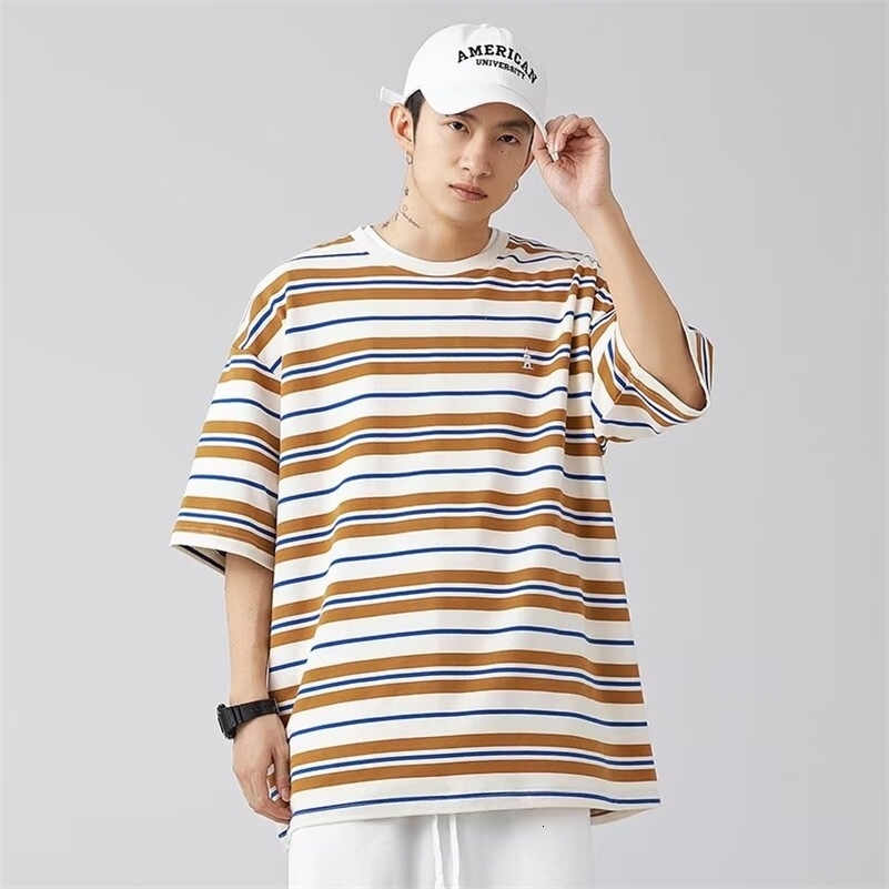 Summer Y2K Vintage Striped Men T-shirt 2024 Cotton Short Sleeve Embroidered T Shirt Streetwear Hip Hop Fashion Tee Tops 240819