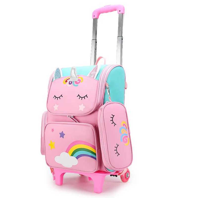 Cartoon Unicorn School Bags Wheeled Backpack for girls Trolley Bag with Wheels Student Kids Rolling Backpack Trolley Bag Y240820