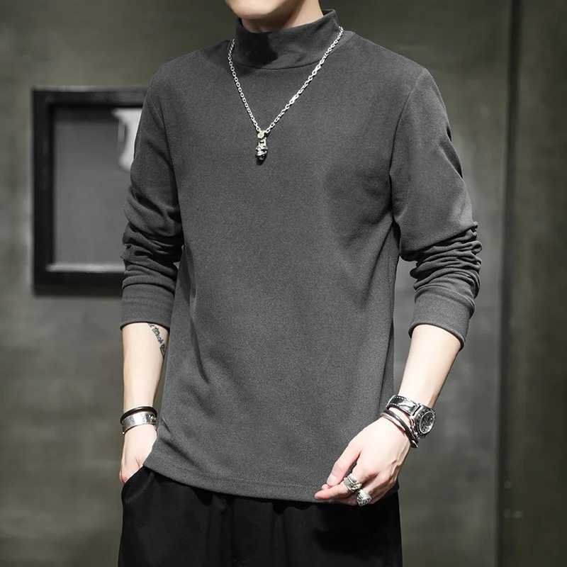 2023 Autumn Mens T-Shirts Spring High Collar Slim Tee Shirt Long Sleeve Solid Color De Rong Warm Basic Tops Man UndershirtsXJ240819