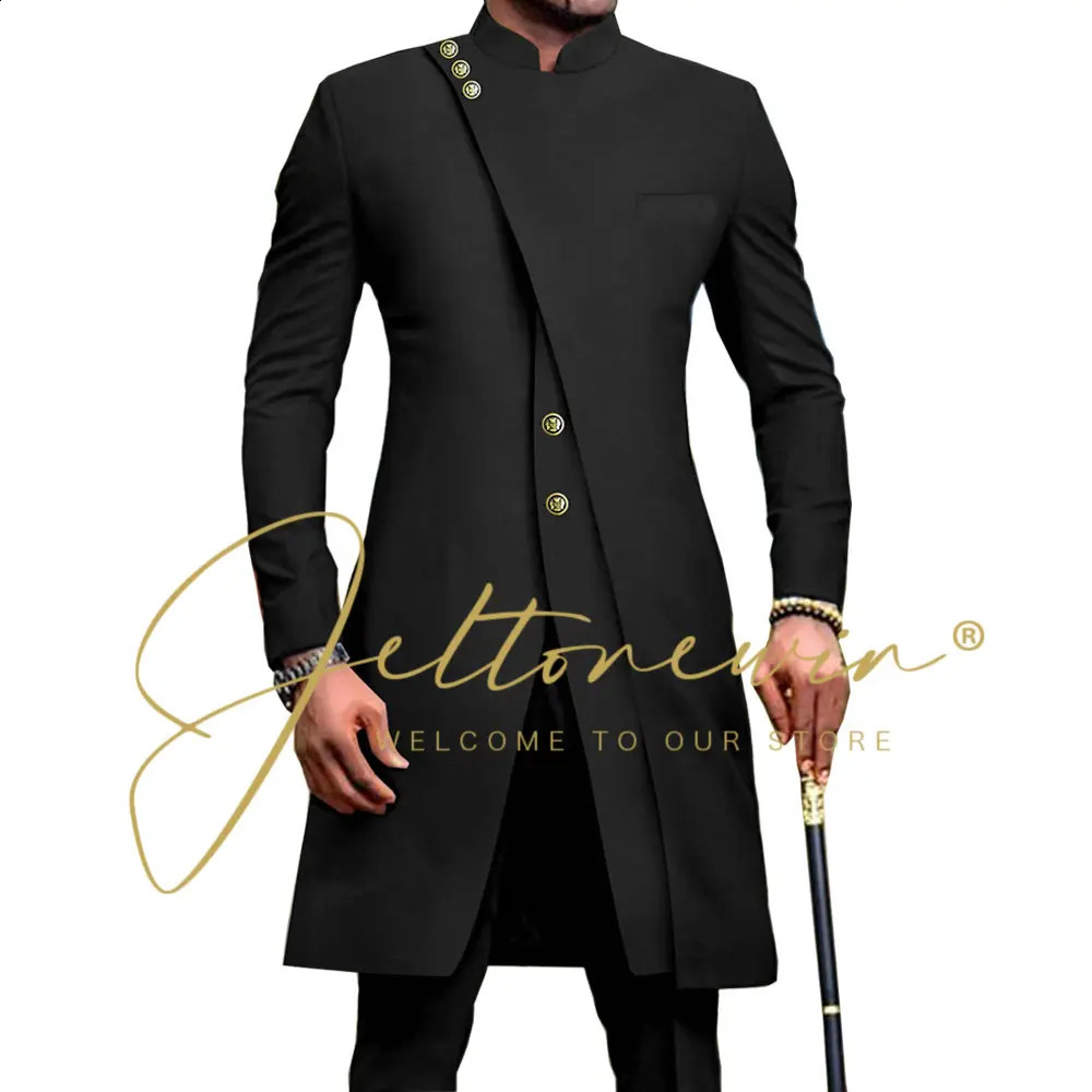 African Style Stand Collar Male Navy Blue Groom Tuxedos For Wedding Costume Groomsmen Man Slim Fit 2 Piece Blazer Pant 240819