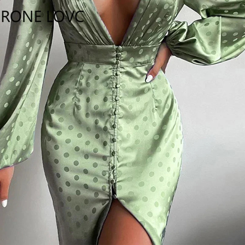 Women Chic Deep V Neck Polka Dot A Line Long Puff Sleeves High Silt Spring Autumn Sexy Party Satin Dress 240819
