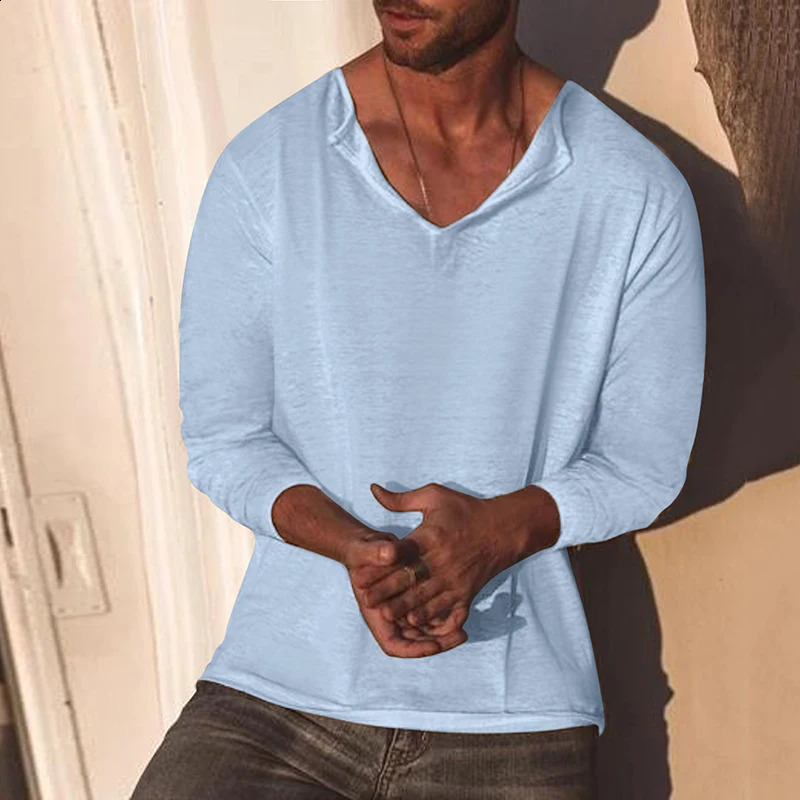 Casual Oversized Mens Tops Cotton Linen Solid Color Loose Long Sleeve V Neck T Shirt Beach Style Men Leisure Pullover Streetwear 240820