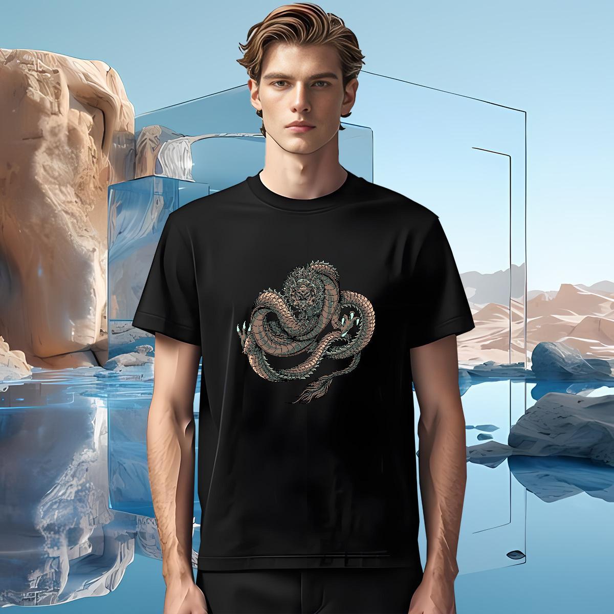 Mens T Shirts 100% Cotton 230g dragon Street Wear Breathable Short Sleeve Asian Size Men Tshirts Casual New Brand Clothes
