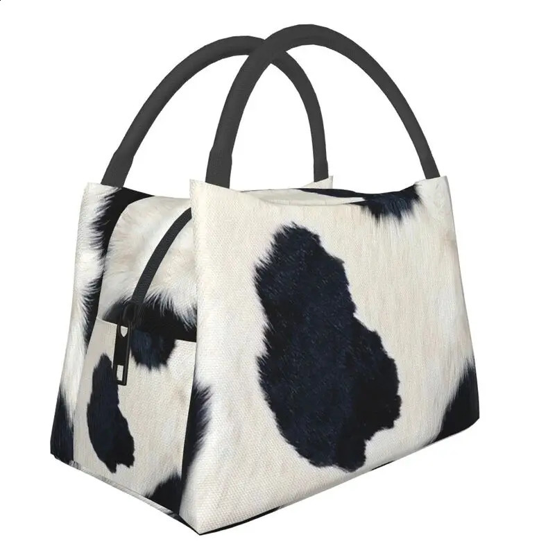 Real Black And White Cowhide Thermal Insulated Lunch Bags Print Women Rustic Cow Faux Fur Skin Leather Resuable Meal Food Box 240819