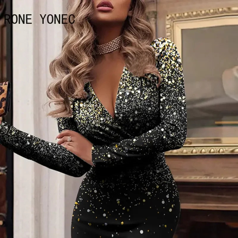 Women Chic Elegant All Over Print Long Sleeves Halter V Neck Bodycon Midi Working Formal Party Dresses 240819