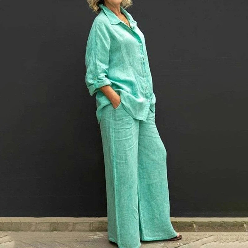 Plus Size Cotton Linen 2Pcs Set Women Autumn Long Sleeve Shirt Trousers Set Fashion Solid Straight Pants Suits Women Outfits 240820