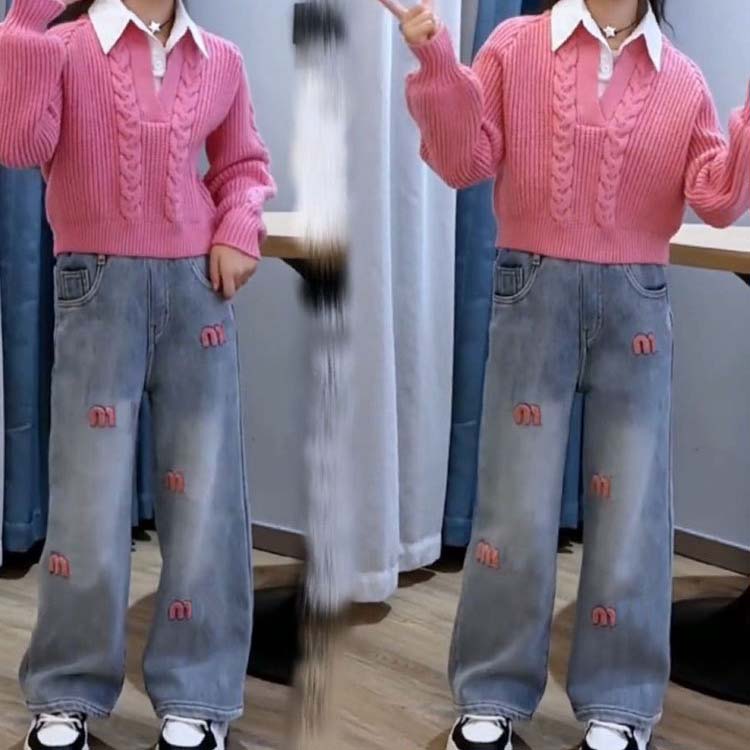 Designer Girls Sweater Jeans Set Brand Girl Set Luxury Kids Clothing Hoodies -12 High Quality Kids Tops Trousers For Autumn Size 120-170 DYD24082013