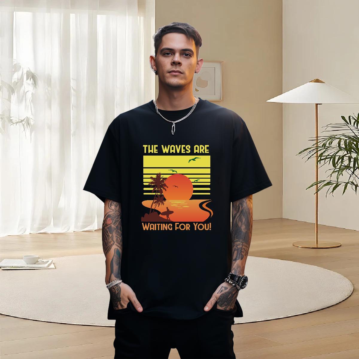 TOP Quality Couples T Shirts Beach 230g Cotton Custom Cartoon Round Neck Short Sleeve beach T shirt Fashion Casual Clothes