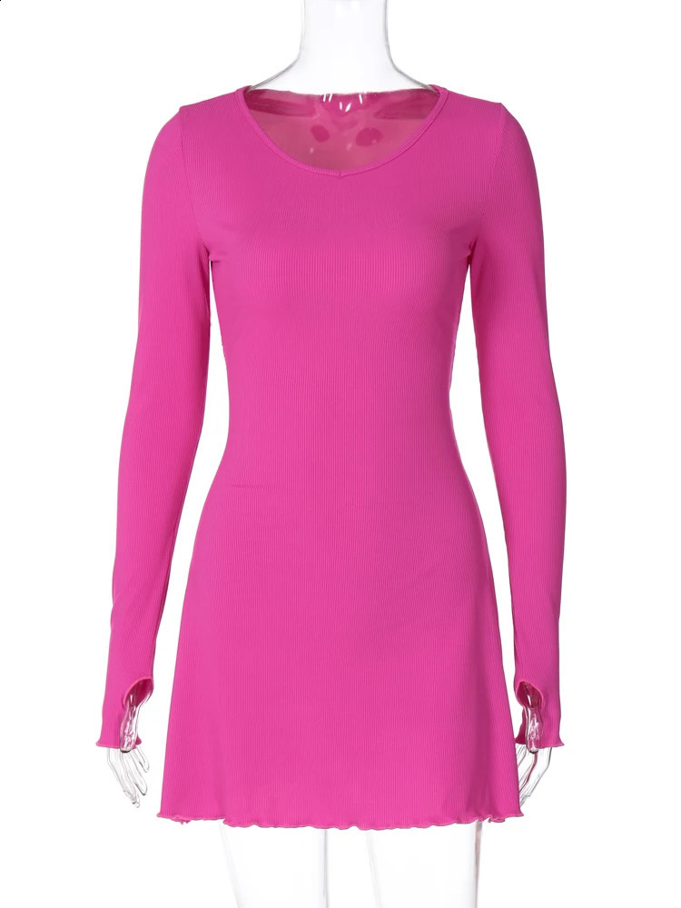 Hugcitar Ribbed Solid Long Sleeve Lace Up Ruffles Elegant Sexy Bodycon Mini Dress Spring Women Clothes Birthday Party 240819