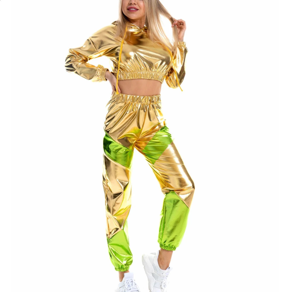 Street Clothing Y2K Womens Holographic Wetbook Hoodies Crop Top Tshirts Sports Pants Goods Trousers Tracking 240819