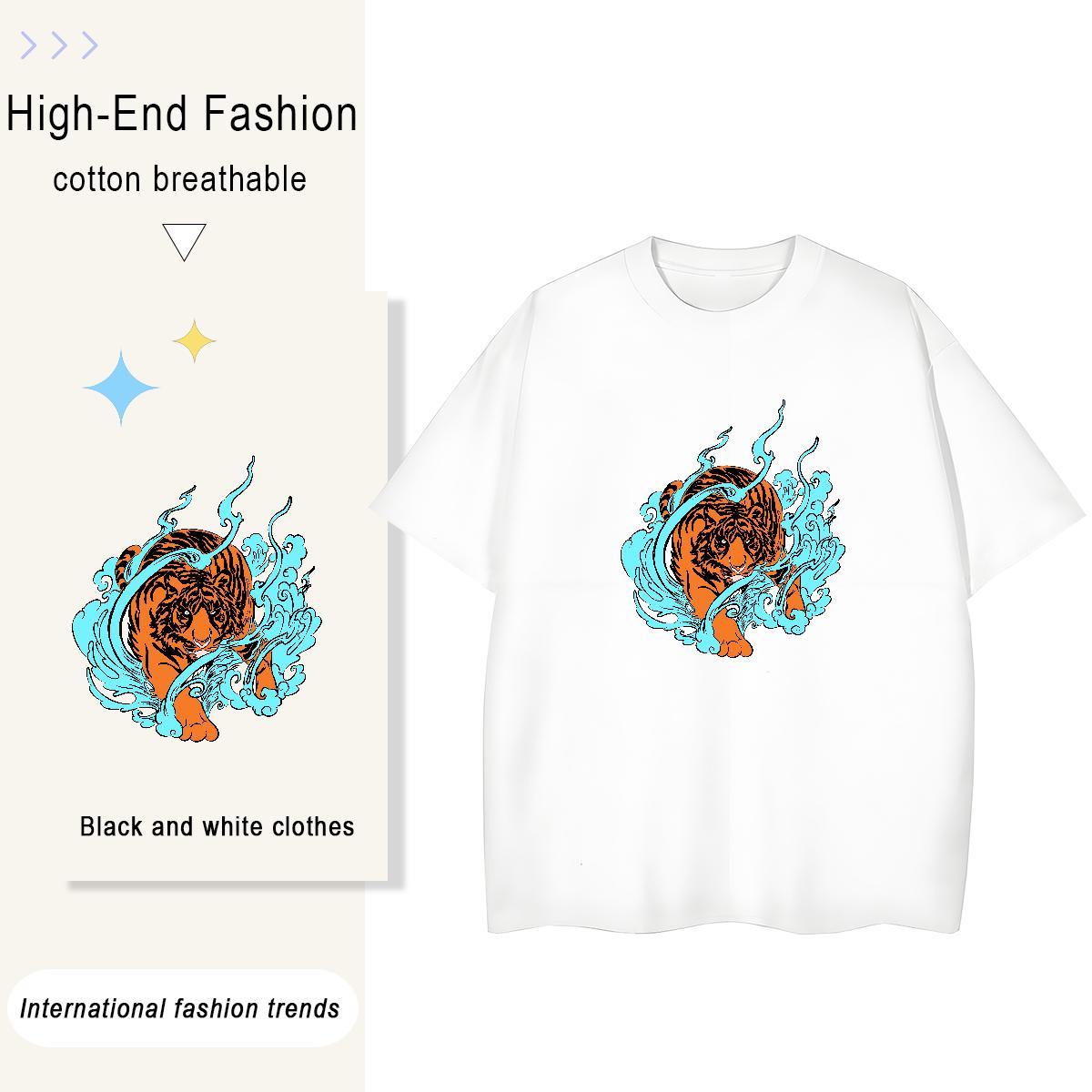 Wholesale Men Tshirts tiger Summer Casual 230g Pure Cotton Tops Breathable Short Sleeve Unisex T Shirts Men White Plus Size