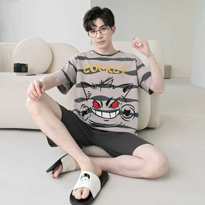2024 Summer Mens Sleepwear Soft Cotton Home Set Mens Sleepwear Set Pullover Cartoon Boys Mini Casual SleepwearW240719