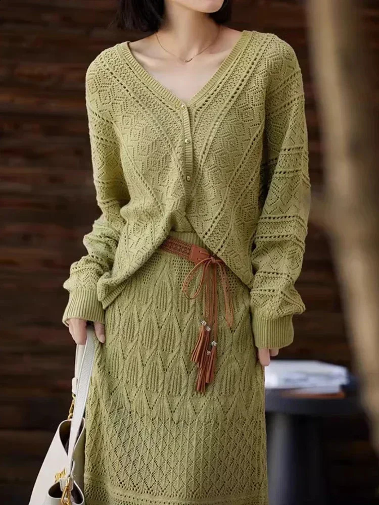 Korean Fashion Slim High Waist Long Skirt Set Autumn Elegant Sets for Women 2 Pieces Loose V-neck Knitted Cardigan Two-piece Set 240820