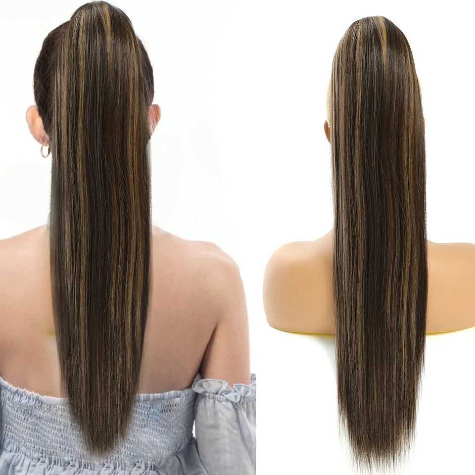 Straight long ponytail with hair extensions clipped in synthetic brushed Ombre blonde ponytail wig African ponytail female hair fake W240817