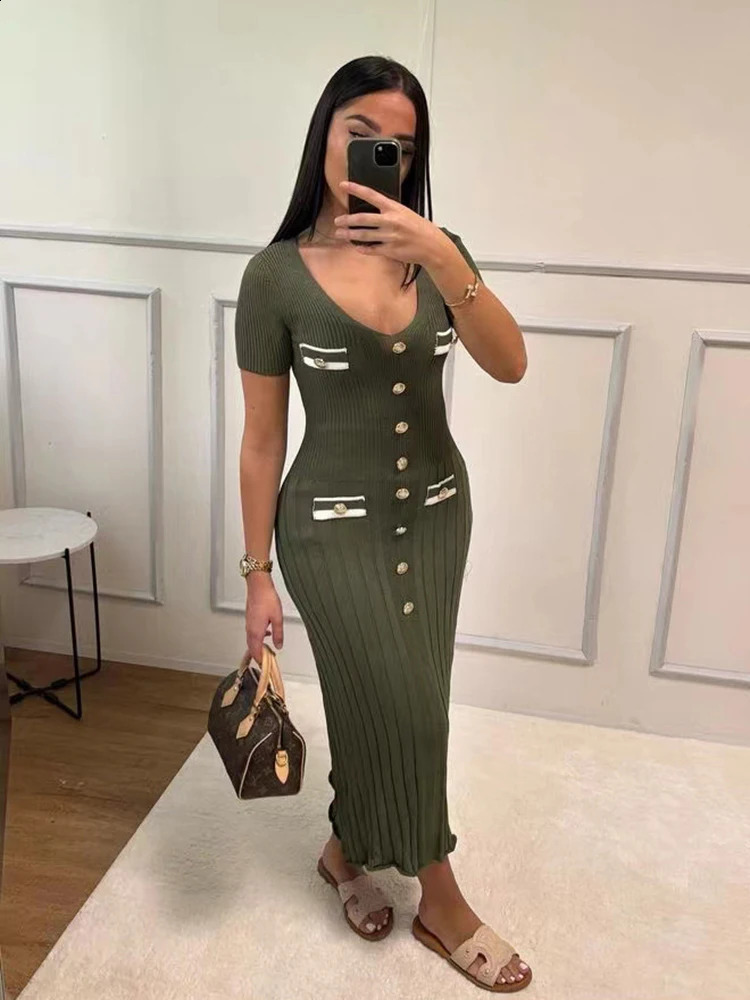 Office ladies elegant knitted long skirt summer short sleeved Vneck single chest tight dress womens party fashion vest 241007