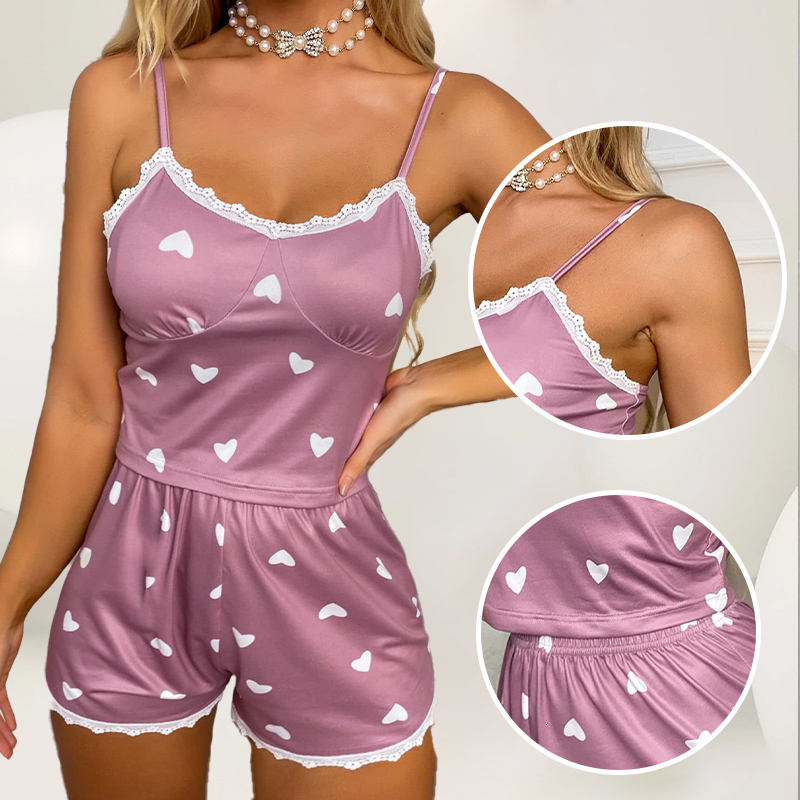 Womens two piece Vneck camisole lace printed top and shorts womens casual pajamas set w240819