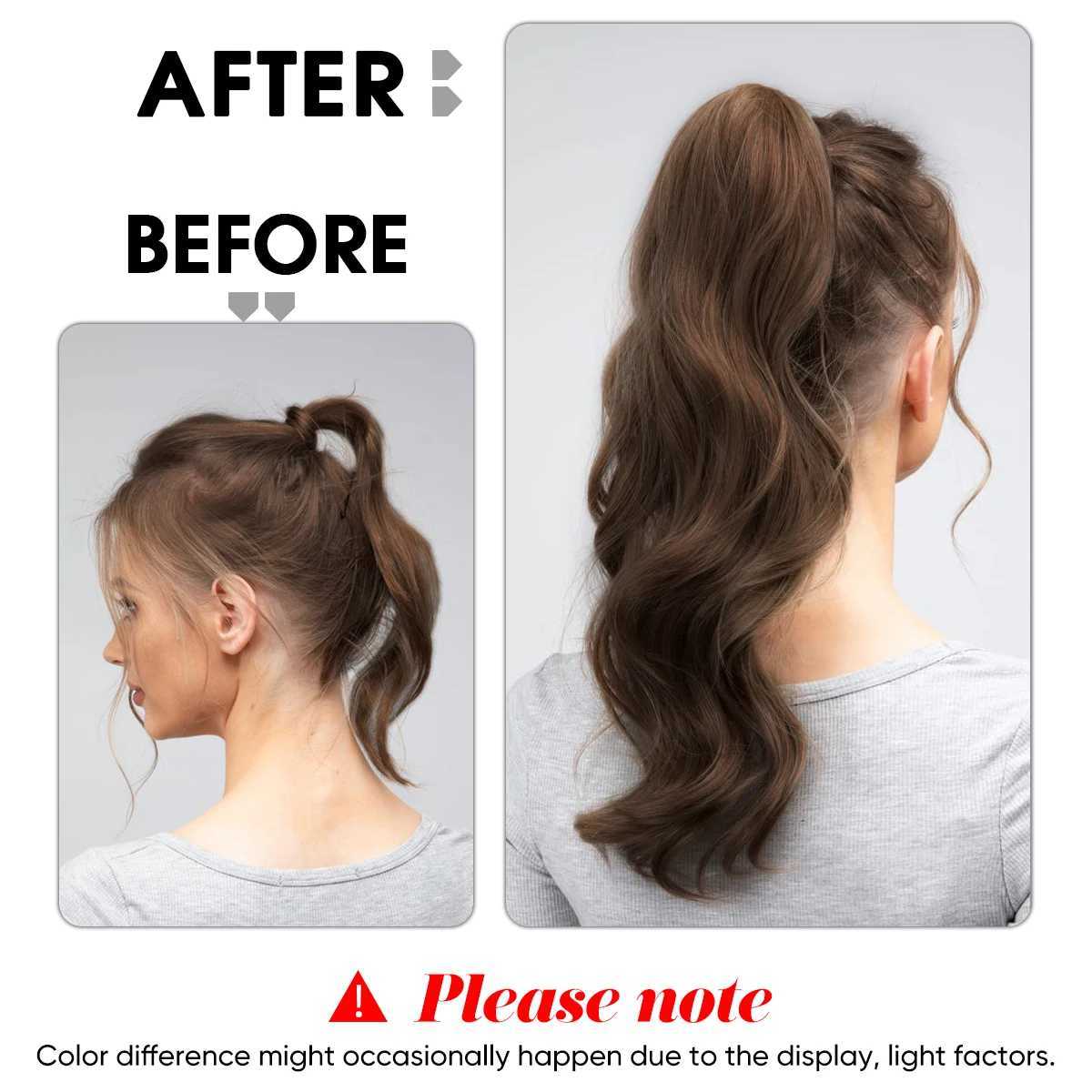 Synthetic long wavy ponytail with Dali hair extended and curled clipped onto a fake wig wrapped in black around the braid smooth fake tail W240817