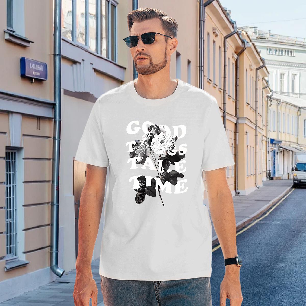 T shirt 230g Pure Cotton flower Street Casual Crew Neck Breathable Cartoon Print Men Tops Tees Casual New Cool Design Top Tees