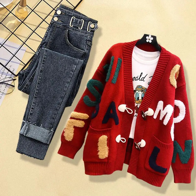 Winter Personalized Letter Printing Knitted Sweater Cardigan Jacket Casual Jeans Two Piece Elegant Womens Pants Set 240819