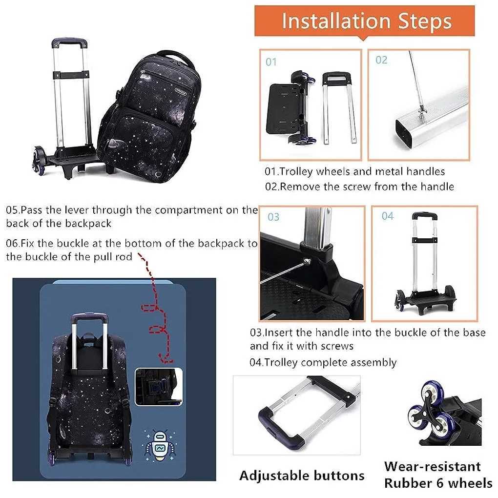 Kids School Bag with Wheels Rolling Backpack for Boy Wheeled School Bag Wheels Trolley Bookbag Carry on Luggage with Lunch Bag Y240820